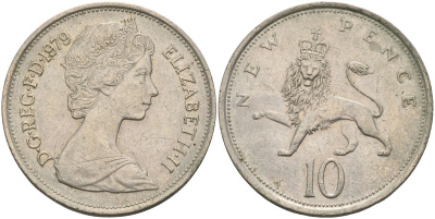 Великобритания 10 пенсов 1979 Елизавета II (1952-2022) KM 912, Spink 4231 (F1) медно-никель 4117-932