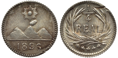 Гватемала 1/4 реала 1896 5 звезд, Испанское правление KM 162 серебро 66-321