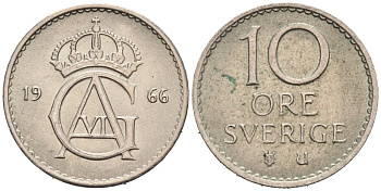 Швеция 10 эре 1966 Густав VI Адольф (1950-1973) KM 835 медно-никель 4564-814
