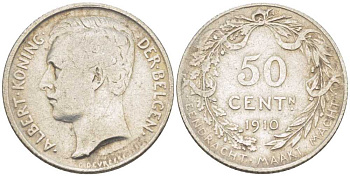 БЕЛЬГИЯ 50 САНТИМОВ 1910 АЛЬБЕРТ I (1909-1934) BELGEN KM 71 серебро 206-125