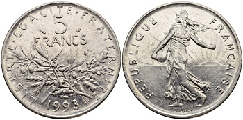 Франция 5 франков 1993 сеятель KM 926a.1 медно-никель плакированный никелем    1530-1424