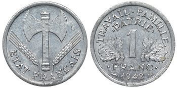 Франция 1 франк 1942 правительство Виши KM 902.1, Le Franc 223.2 алюминий 4128-342