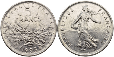 Франция 5 франков 1993 сеятель KM 926a.1 медно-никель плакированный никелем    1530-1424