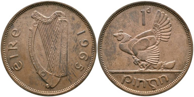 ИРЛАНДИЯ 1 ПЕННИ 1965 КУРИЦА С ЦЫПЛЯТАМИ KM 11 бронза 4531-716