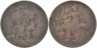 ФРАНЦИЯ 5 САНТИМОВ 1901 ТИП ДАНИЭЛЬ ДЮПЮИ KM 842, LE FRANC 119.11 бронза 108-826