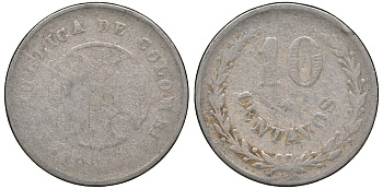 Колумбия 10 сентаво 1921 государственный лепрозорий KM L12 медно-никель 53-437