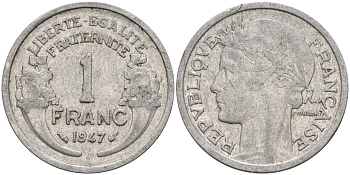 Франция 1 франк 1947 KM 885a.1 алюминий 4142-952