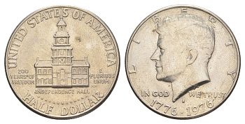 США 1/2 доллара (50 центов) 1976 D, 200 лет независимости, Джон Кеннеди KM 205 медь плакированная медно-никелем aUNC 4545-1212