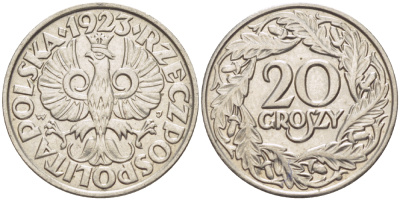 ПОЛЬША 20 ГРОШЕЙ 1923 KM 12, Parchimowicz 105 никель 216-916