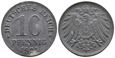 ГЕРМАНИЯ 10 ПФЕННИГОВ 1921 KM 26, J. 299 цинк 4364-817