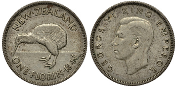 Новая Зеландия 1 флорин 1943 Георг VI (1936-1952), птичка киви KM 10.1 серебро 272-1612