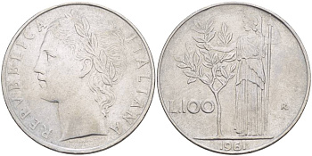 ИТАЛИЯ 100 ЛИР 1961 R, АФИНА У ОЛИВКОВОГО ДЕРЕВА KM 96.1 нержавеющая сталь 4545-626