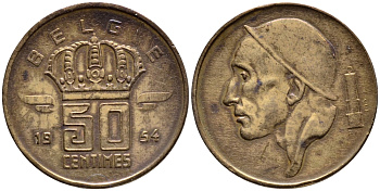 БЕЛЬГИЯ 50 САНТИМОВ 1954 BELGIE KM 145 бронза 4392-766
