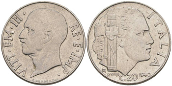 ИТАЛИЯ 20 ЧЕНТЕЗИМО 1940 R, ГОД XVIII, ВИКТОР ЭММАНУИЛ III (1900-1946), СЛАБО МАГНИТНАЯ, ГУРТ РИФЛЁНЫЙ KM 75d, VEM3. 1026a) нержавеющая сталь 3853-532