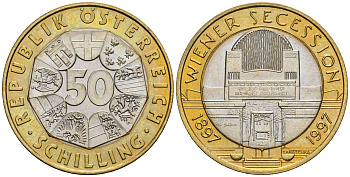 Австрия 50 шиллингов 1997 100 лет Венскому сецессиону KM 3044 биметалл UNC 221-516