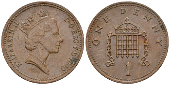 Великобритания 1 пенни 1990 Елизавета II (1952-2022) KM 935, Spink 4381 (B3) бронза 4609-527