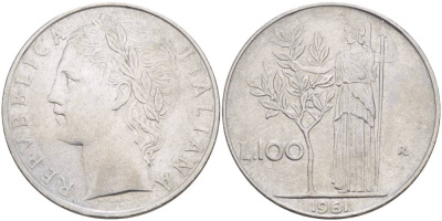 ИТАЛИЯ 100 ЛИР 1961 R, АФИНА У ОЛИВКОВОГО ДЕРЕВА KM 96.1 нержавеющая сталь 4545-626