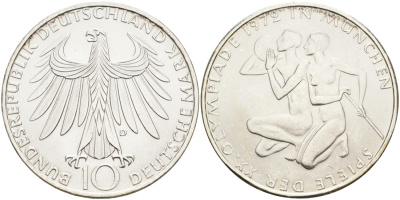 ФРГ 10 марок 1972 D, XX летние Олимпийские Игры, Мюнхен 1972, спортсмены KM 132, J.403 серебро UNC 4558-231