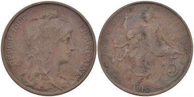 ФРАНЦИЯ 5 САНТИМОВ 1910 ТИП ДАНИЭЛЬ ДЮПЮИ KM 842, LE FRANC 119.22 бронза 108-917
