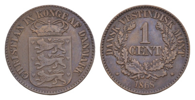 Датская Вест-Индия 1 цент 1868 KM 68 бронза 1520-1511