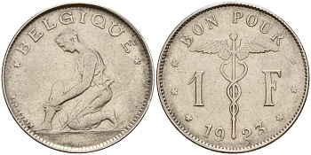 Бельгия 1 франк 1923 Belgique, Альберт I (1909-1934) KM 89 никель    4161-1213