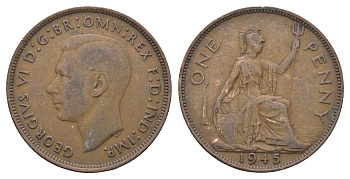 Великобритания 1 пенни 1945 Георг VI (1936-1952) KM 845, Spink 4114 бронза 4661-824