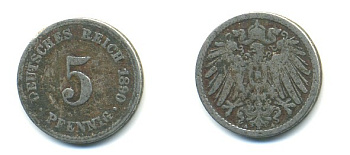 ГЕРМАНИЯ 5 ПФЕННИГОВ 1890 A, KM 11, J. 12 медно-никель 4379-337