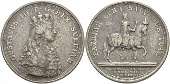 ШВЕЦИЯ МЕДАЛЬ ND ГУСТАВ III (1746-1792) КОРОЛЬ ШВЕЦИИ (1771-1792), СКОНЧАЛСЯ 29 МАРТА 1792, PATRIAE CURA SALUSOVE TUAE, ДИАМЕТР 56 ММ. белый металл 06-242-32