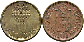 ПОРТУГАЛИЯ 10 ЭСКУДО 1986 KM 633 никель латунь 65-1126
