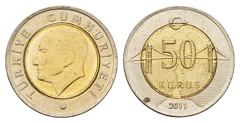 Турция 50 курушей 2011 Кемаль Ататюрк KM 1243 биметалл UNC 4675-215