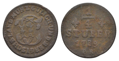 Юлих-Берг 1/4 штюбера 1785 PR, Карл Теодор (1743-1799) KM 205 медь 4654-112
