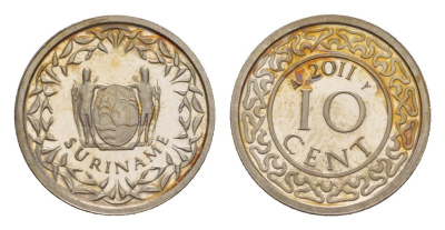 Суринам 10 центов 2011 тираж 1000 экземпляров KM 13a медно-никель BU 4649-1022