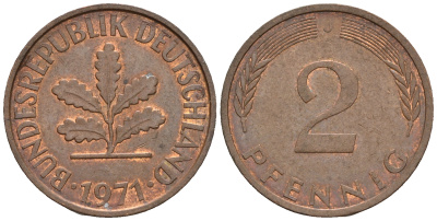ФРГ 2 пфеннига 1971 J KM 106a, J.381a сталь плакированная медью 4609-334
