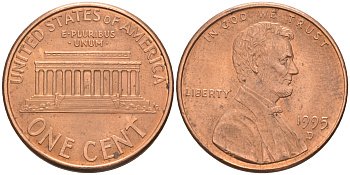 США 1 ЦЕНТ 1995 D, ЛИНКОЛЬН KM 201b цинк плакированный медью 188-343