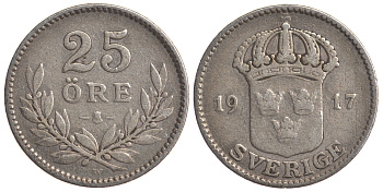 Швеция 25 эре 1917 W, Густав V (1907-1950) KM 785 серебро 4179-836