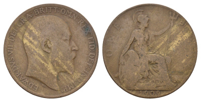 Великобритания 1 пенни 1909 Эдуард VII (1901-1910) KM 794.2, Spink 3990 бронза 79-444