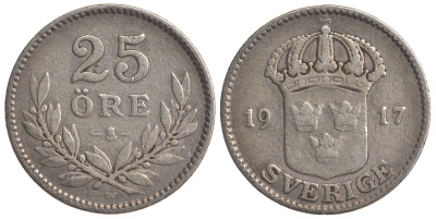 Швеция 25 эре 1917 W, Густав V (1907-1950) KM 785 серебро 4179-836