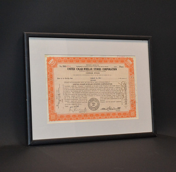США, Объединенные магазины сигар (United cigar-whelan stores corporation) сертификат в 100 акций 1937 в рамке со стеклом бумага 57-1-14