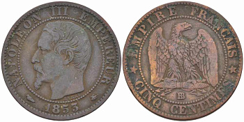 Франция 5 сантимов 1853 BB, Наполеон III (1852-1870) KM 777.3, LE FRANC 116.3 бронза 108-245