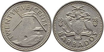 Барбадос 25 центов 1978 ветряная мельница Моргана Льюиса KM 13 медно-никель 4398-354