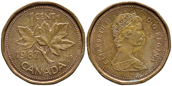 Канада 1 цент 1987 Елизавета II (1952-2022), кленовый лист KM 132 бронза 4396-435