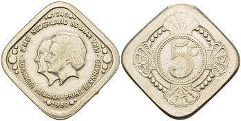 Нидерланды жетон 5 центов 1980 35 лет победы, 5 мая 1945, КОРОЛЕВА ВИЛЬГЕЛЬМИНА И КОРОЛЕВА ЮЛИАНА медно-никель 85-1151