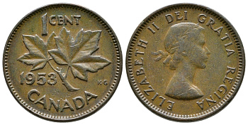 КАНАДА 1 ЦЕНТ 1953 КЛЕНОВЫЙ ЛИСТ, ЕЛИЗАВЕТА II KM 49 бронза 46-2538