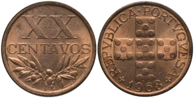 ПОРТУГАЛИЯ 20 СЕНТАВО 1968 KM 584 бронза UNC 181-343