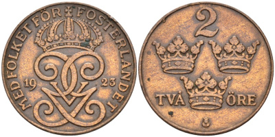 Швеция 2 эре 1923 Густав V (1907-1950), редкий год KM 778 бронза 190-855