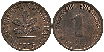 ФРГ 1 пфенниг 1975 J KM 105, J.380 сталь плакированная медью 99-332