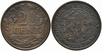 НИДЕРЛАНДЫ 2 1/2 ЦЕНТА 1913 ВИЛЬГЕЛЬМИНА (1890-1948) KM 150 бронза 113-217