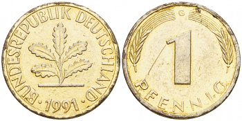 ФРГ 1 ПФЕННИГ 1991 G KM 105, J.380 сталь плакированная медью 4396-1544