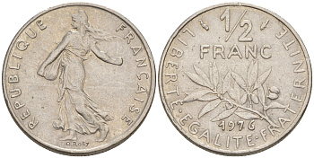 ФРАНЦИЯ 1/2 ФРАНКА 1976 СЕЯТЕЛЬ KM 931.1, LE FRANC 198.15 никель 55-227