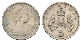 Великобритания 5 пенсов 1970 Елизавета II (1952-2022) KM 911, Spink 4233 (D1) медно-никель 4671-1157